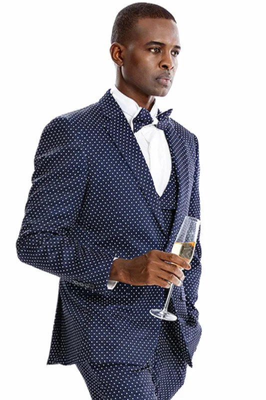 Men's slim fit tuxedo jacket for office dinner party -Tazio Men's Elegant 1-Button Vested Polka Dot Prom Suit in Navy Blue & White