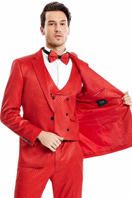 Men's slim fit tuxedo with satin finish for wedding reception -Tazio Men's Polka Dot One-Button Prom Suit in Red & Black