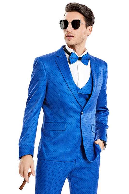 Best tuxedo for high-profile corporate gatherings -Tazio Men's One-Button Polka Dot Prom Suit in Royal Blue & Black