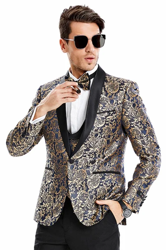 Men's slim fit tuxedo with satin finish for special occasion -Men's Paisley-Print Navy Shawl Tuxedo by Tazio: Perfect for Proms & Weddings.