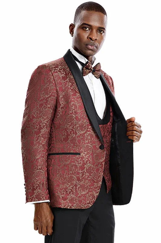 Men's wool tuxedo jacket for evening office party -Men's Red & Gold Paisley One-Button Vested Tuxedo by Tazio for Prom & Weddings