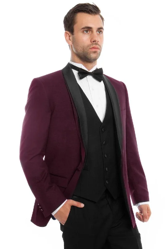 Men's premium tuxedo with satin finish for office party -Bryan Michaels Men's Burgundy Tuxedo w/Satin Shawl Lapel & One Button Vested