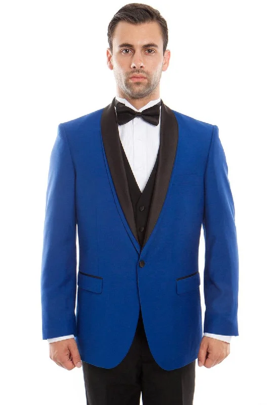 Men's tailored tuxedo for office holiday party -Bryan Michaels Men's Royal Blue Tuxedo w/ Satin Shawl & Lapel Trim