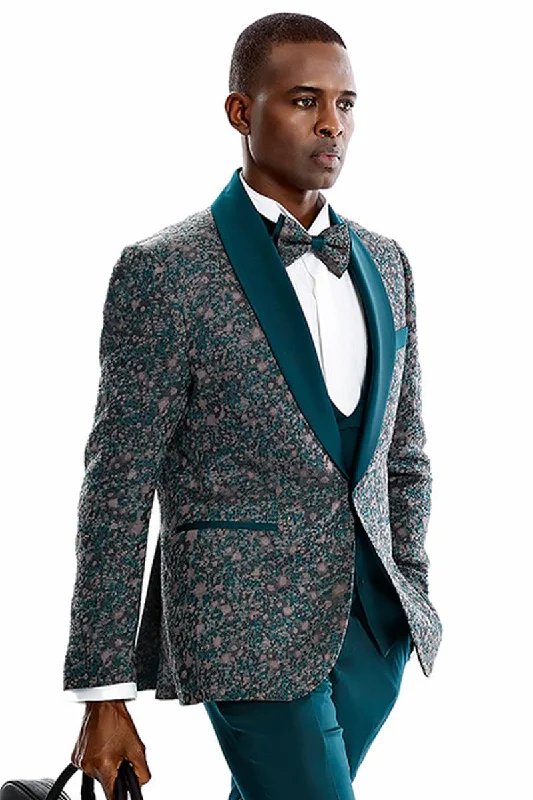 Men's premium black tuxedo jacket with satin collar -Tazio Men's Green Vested Shawl Lapel Prom Tuxedo - Vintage Splatter Print