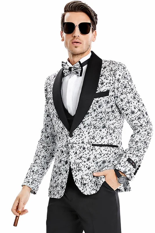 Men's luxury grey tuxedo for formal dinner -Tazio Men's Silver Grey Vintage Splatter Print 1-Button Prom Tuxedo w/Shawl Lapel