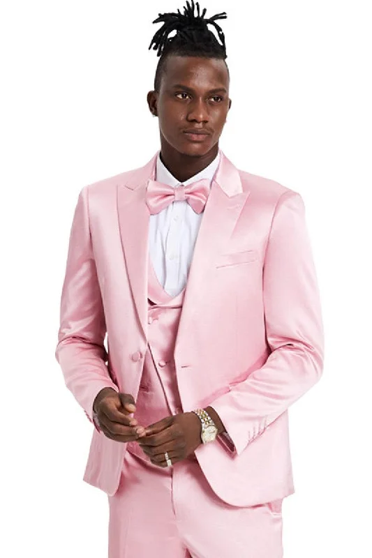 Men's luxury tuxedo jacket with satin lapels -Men's Tazio Dusty Rose Satin Sharkskin One-Button Prom & Wedding Suit