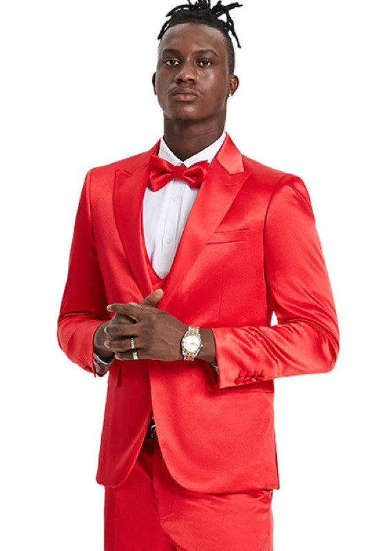 Men's tailored tuxedo for black tie events -Tazio Men's Red Satin Sharkskin One-Button Suit - Prom & Wedding-Ready