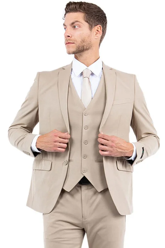 Men's formal tuxedo for business lunch event -Men's Tan Vested Slim Fit Business & Wedding Suit | Zegarie