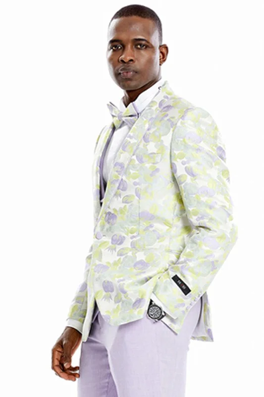 Men's modern tuxedo jacket for black tie office events -Tazio Men's One-Button Lilac Vested Floral Wedding Tuxedo Suit