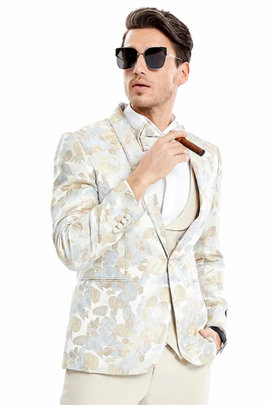 Men's formal tuxedo jacket with satin lapels for gala -Men's Tan "Tulip Floral" Vested Wedding Tuxedo Jacket by Tazio