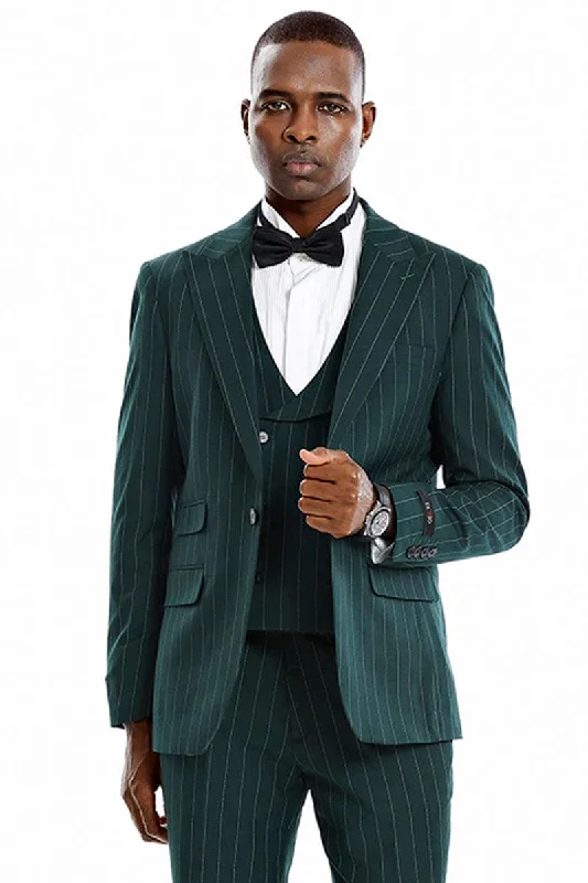 Best tuxedo for corporate office event -"Tazio Hunter Green Gangster Pinstripe Vested Suit: 1-Btn Wide Peak Lapel"