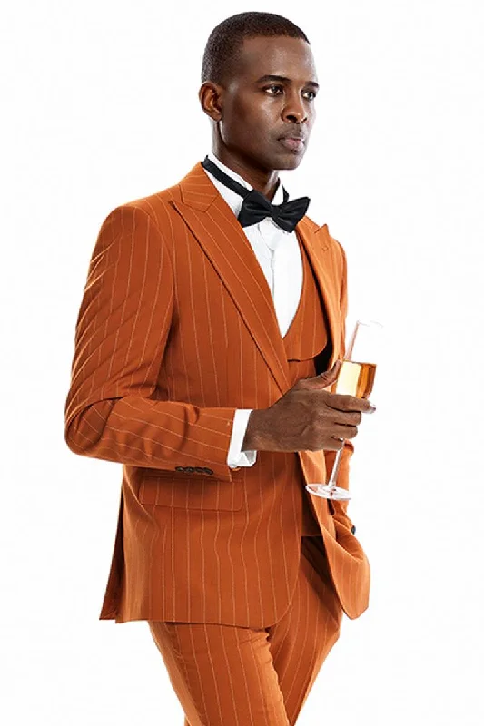 Men's luxury tuxedo jacket for evening reception -Tazio Men's One-Button Pinstripe Suit -Wide Peak Lapel, Bold Gangster Pattern in Orange Rust