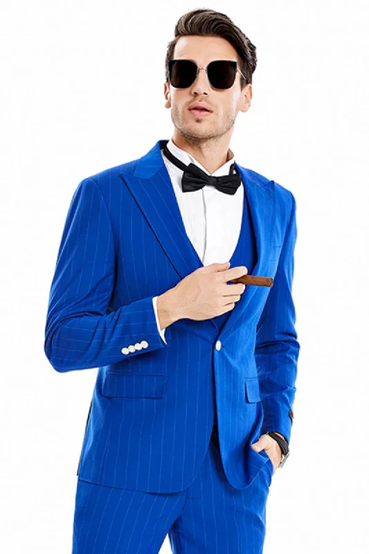 Men's formal tuxedo for black tie business events -Men's Tazio Royal Blue Gangster Vested Suit: Wide Peak Lapel, Pinstripe, 1-Button