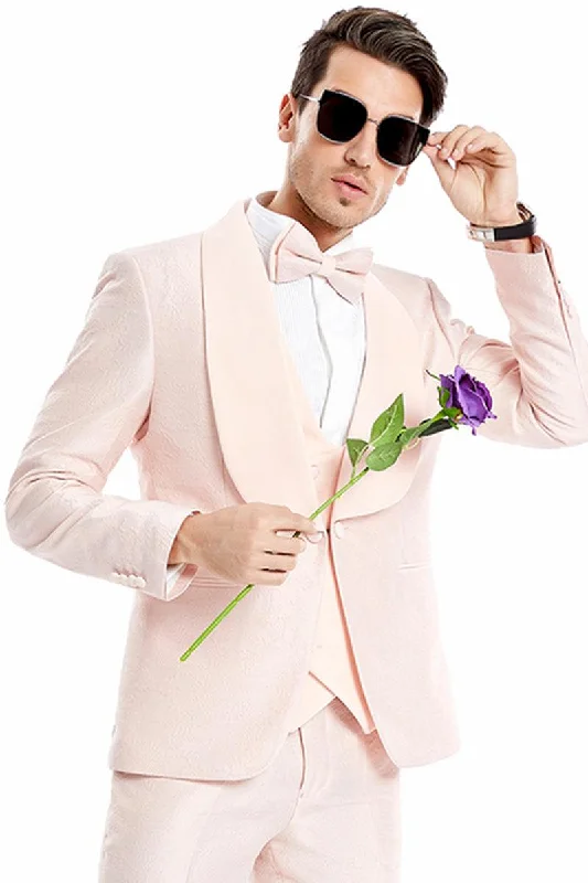 Men's classic black tuxedo jacket for office gala -Men's Blush Pink Tuxedo with Wide Shawl Lapel & One Button Vest by Tazio