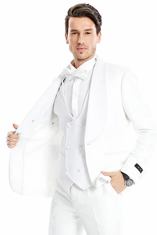 Men's designer tuxedo for formal business events -Sophisticated White Tazio Paisley Lapel Prom & Wedding Tuxedo - Men's One Button Vested Wide Shawl