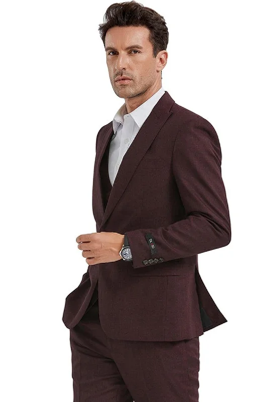 Men's designer tuxedo for dinner gala -Tazio Suit: Men's Slim-Fit 1-Button Burgundy Sharkskin Lapel & Double-Breasted Vest