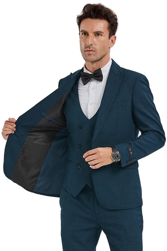 Men's premium tuxedo jacket for evening event -Men's Tazio Dark Teal Sharkskin Slim Suit w/ Peak Lapel, One Button & Double-Breasted Vest