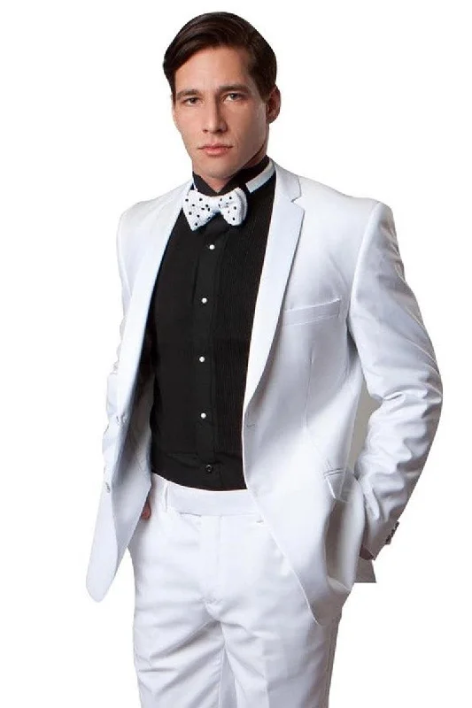 Men's formal tuxedo with satin lapels for office event -"Bryan Michaels Men's White Slim-Fit Tuxedo with Notch Lapel & 2-Button Detailing"