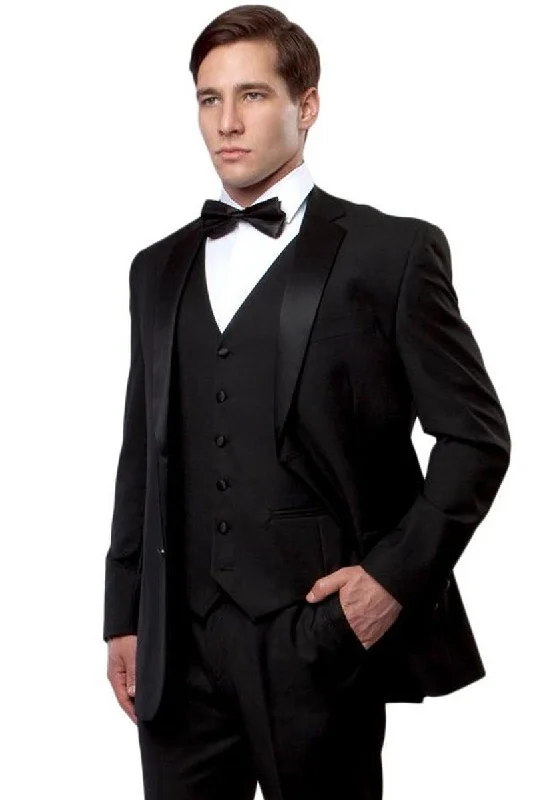 Men's premium tuxedo jacket for evening event -Bryan Michaels Black Notch Tuxedo: Men's Slim Fit Vested Style with Two Buttons