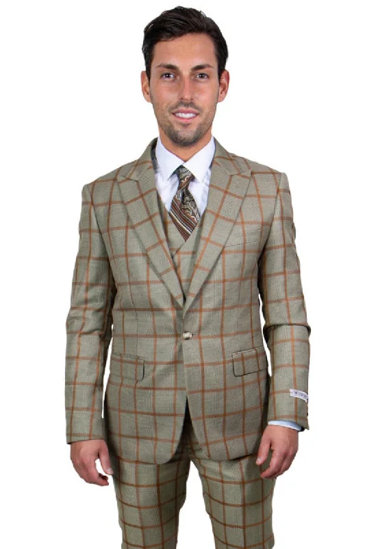 Men's slim fit tuxedo for evening gala dinner -Men's Tan & Gold Windowpane Vested Suit by Stacy Adams