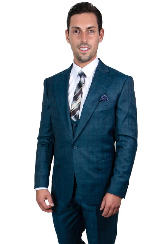 Men's wool tuxedo jacket for corporate gala -Men's Glen Plaid Peak Lapel 1-Button Suit by Stacy Adams in Blue Green