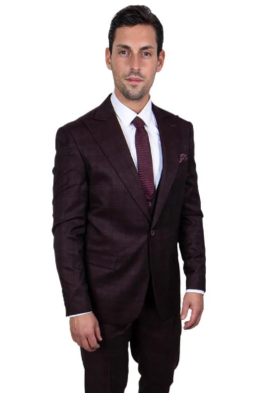 Men's formal tuxedo for wedding gala events -Men's Burgundy Glen Plaid Vested Suit w/ Peak Lapel & 1-Button Closure - Stacy Adams