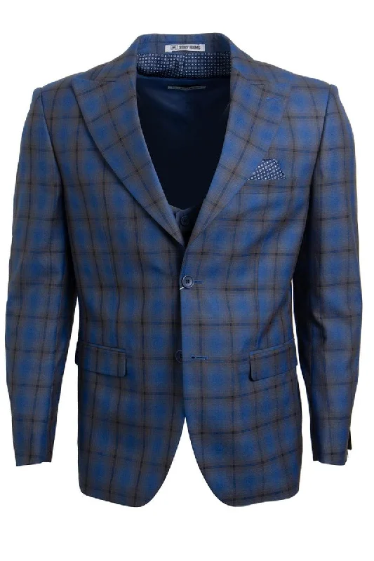 Men's business tuxedo with satin finish for gala -Men's Stacy Adams Two-Button Vested Bold Windowpane Plaid Suit: Blue & Brown