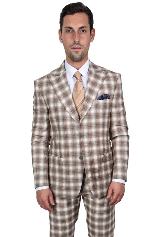 Men's slim fit tuxedo for corporate evening events -Revised Title: Stacy Adams Brown & Tan Plaid Vested Windowpane 2-Button Suit