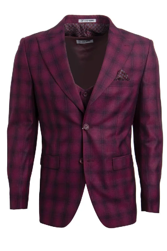 Men's designer tuxedo jacket for wedding guests -Men's Stacy Adams Burgundy Vested 2-Button Windowpane Plaid Suit