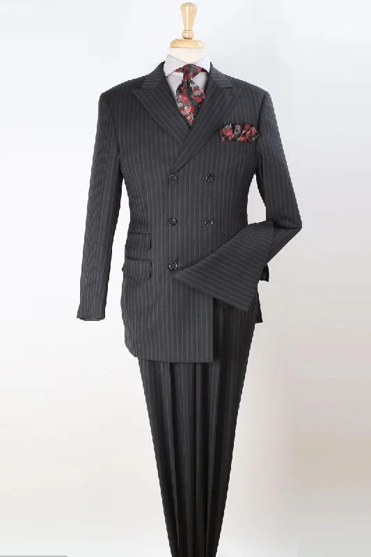 Men's formal tuxedo with satin collar for office event -"Apollo King Black Pinstripe Wool Vested Double Breasted Suit"