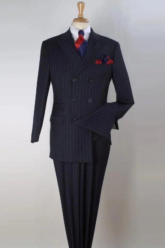 Men's premium tuxedo for business reception -Apollo King Men's Navy Pinstripe Wool Vested 3/4 Double Breasted Suit