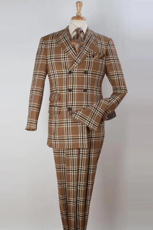 Men's designer tuxedo for wedding guests -Apollo King Men's Wool Vested Suit: Tan & Brown Windowpane Plaid 3QTR DB