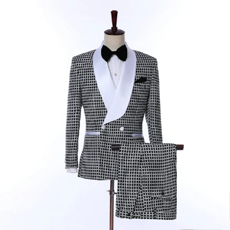 Men's modern tuxedo jacket with satin collar for business -Mens Tuxedo Suits 2 Piece Patterned Tuxedo Suit Set Shawl Lapel