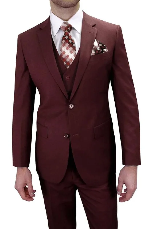 Men's slim fit tuxedo jacket for evening event -"Apollo King Men's Vested Tuxedo Suit: Classic Fit, Two-Button, Burgundy"