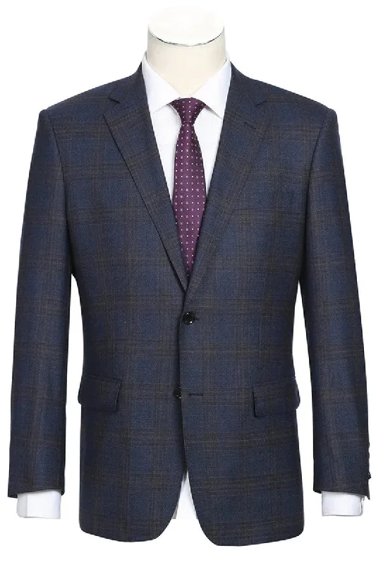 Men's premium tuxedo for business reception -Renoir Men's 2-Button Classic Fit Wool Suit in Brown & Blue Windowpane Plaid