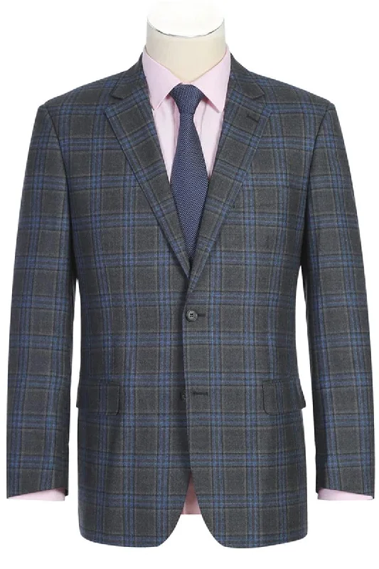 Men's formal tuxedo with satin collar for office event -Renoir Men's Wool 2-Button Classic Vested Suit in Grey-Blue Windowpane Plaid