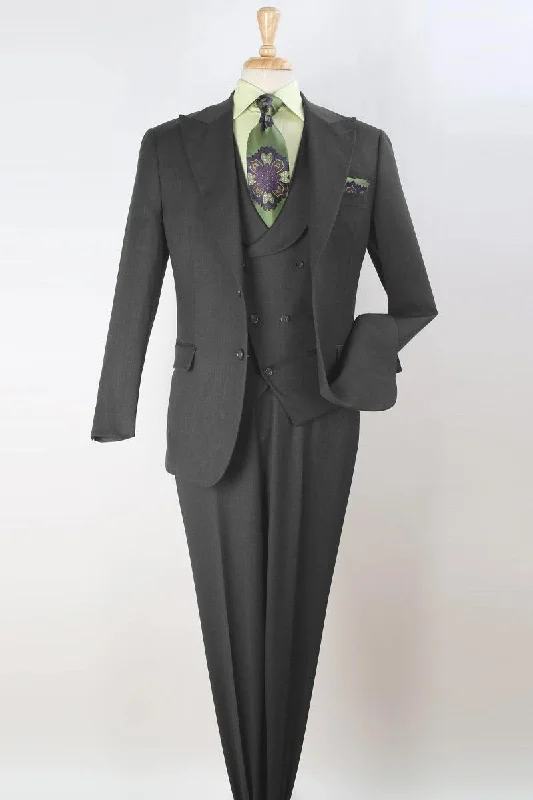 Men's tailored tuxedo for black tie events -"Apollo King Charcoal Grey Wool Double-Breasted Wide-Peak Slant Vest Suit"