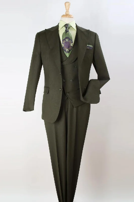 Men's premium tuxedo for special business occasion -Apollo King: Classic Wide Lapel Slant Vest Suit in Olive Green