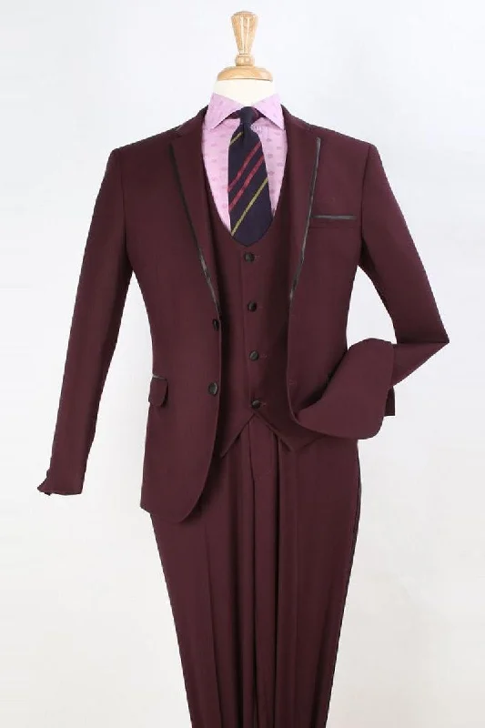 Men's elegant tuxedo for wedding and formal events -Mens Apollo King Burgundy Vested Clim Fit Tuxedo Suit w/ Trim