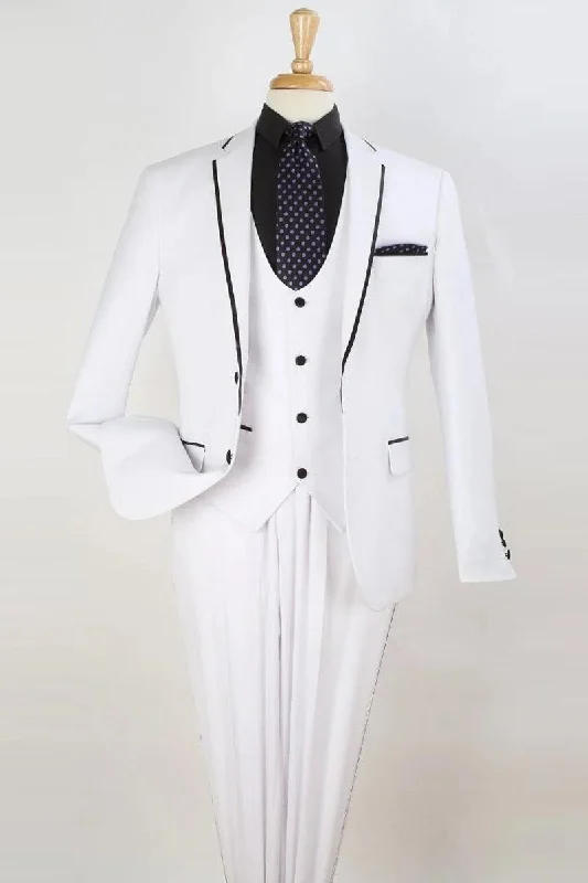 Men's slim fit tuxedo with satin lapels for business -Apollo King White Vested Two-Button Tuxedo: Sophisticated Clim Fit