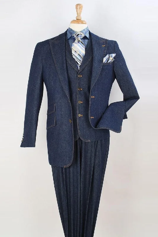 Men's designer tuxedo for office wear -Apollo King Two-Button Peak Lapel Vested Denim Suit - Cool Blue Navy