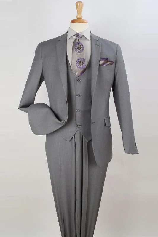 Men's wool tuxedo jacket for wedding reception -Men's Apollo King Classic 2Btn V-Neck Slim Suit in Light Grey