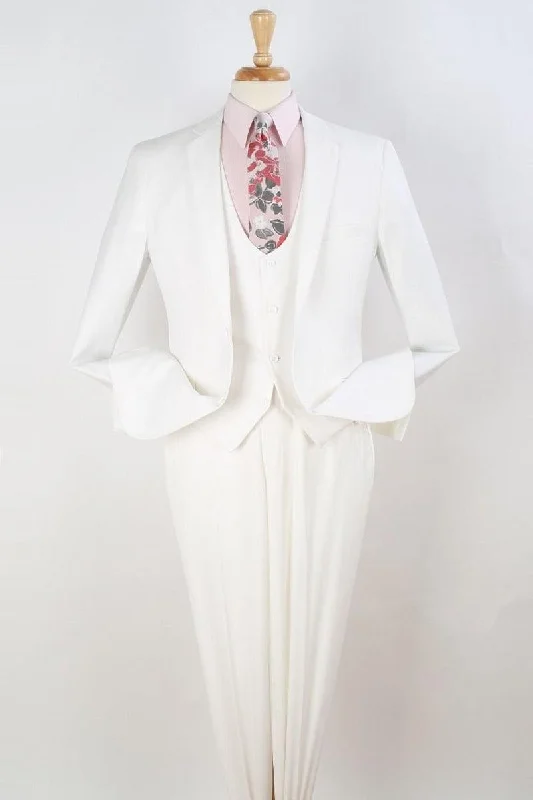 Men's tailored tuxedo jacket for office meeting -"White Apollo King Slim-Fit Suit with Dual Buttons & Vested Cut"