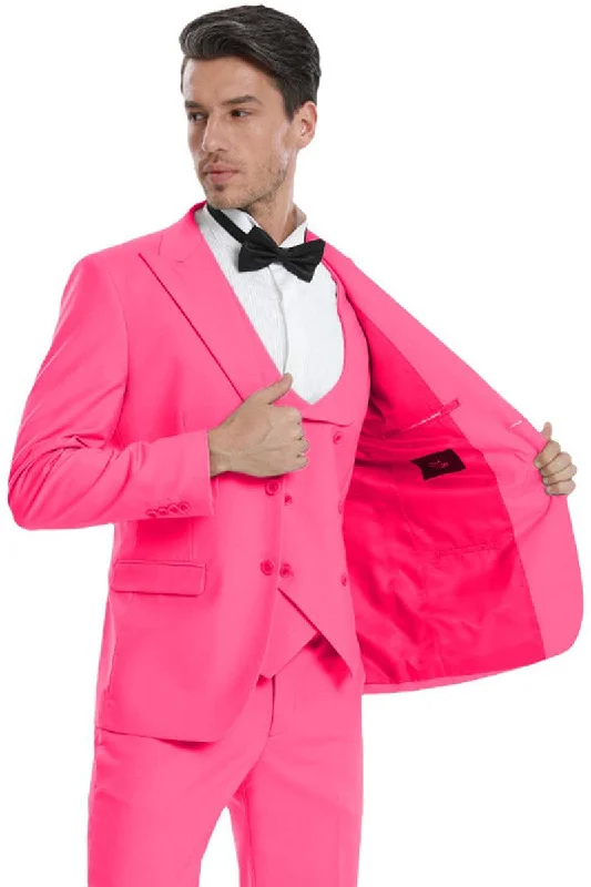 Men's elegant tuxedo for wedding and formal events -Tazio Men's Fuchsia Pink 2-Btn Wedding/Prom Suit w/Peak Lapel