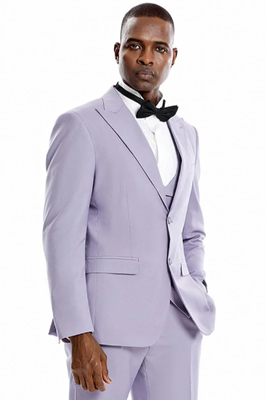 Men's tailored tuxedo jacket for wedding evening -Suggested Product Title: Tazio Men's Lavender 2-Button Vested Peak Lapel Suit – Ideal For Weddings & Proms