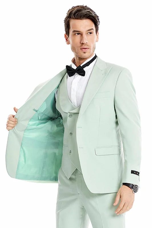 Men's designer tuxedo for business gala -Tazio Men's Mint Green 2-Btn Vested Wedding/Prom Suit: Peak Lapel