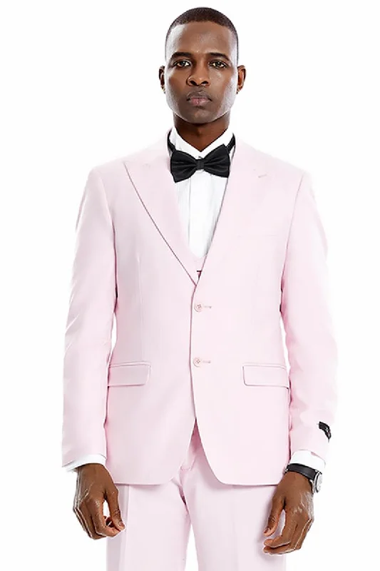 Men's modern tuxedo jacket with satin collar for office -Tazio Men's Pink Pastel Vested Peak Lapel Suit, Perfect for Weddings & Proms