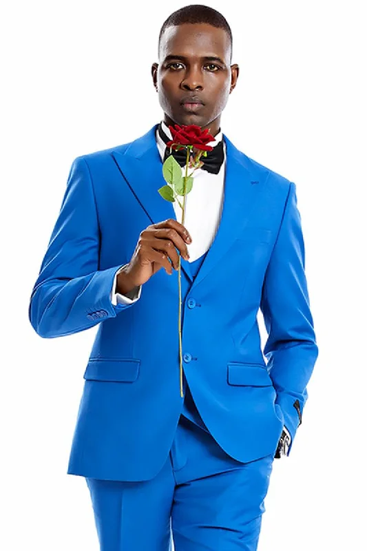 Men's slim fit tuxedo with satin lapels for business -Men's Royal Blue Tazio Vested Suit w/ Peak Lapel for Formal Events