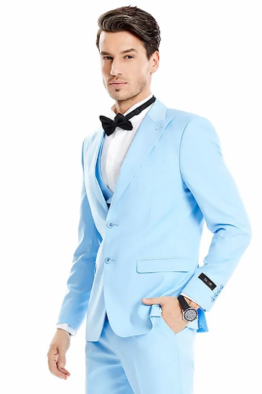 Men's business tuxedo for wedding guests -Men's Tazio Sky Blue 2-Button Wedding & Prom Vested Suit w/Peak Lapel