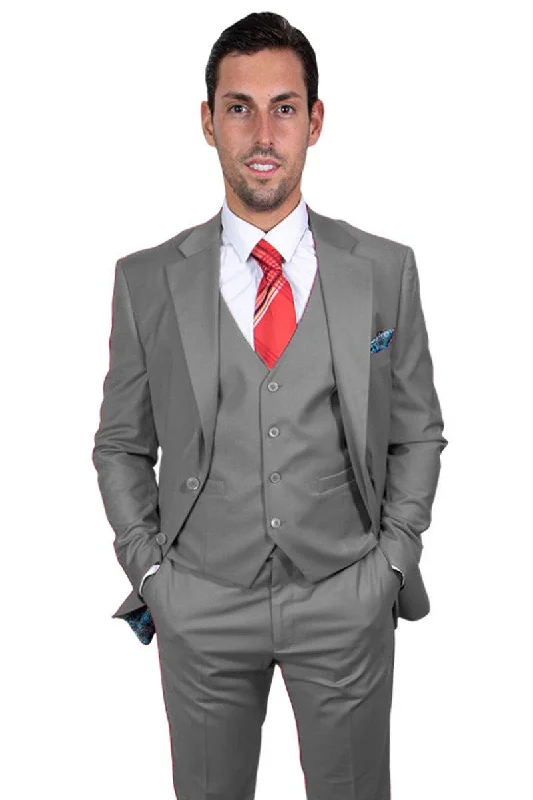 Men's modern tuxedo for black tie events -Men's Stylish Grey Vested Stacy Adams 2-Button Basic Suit